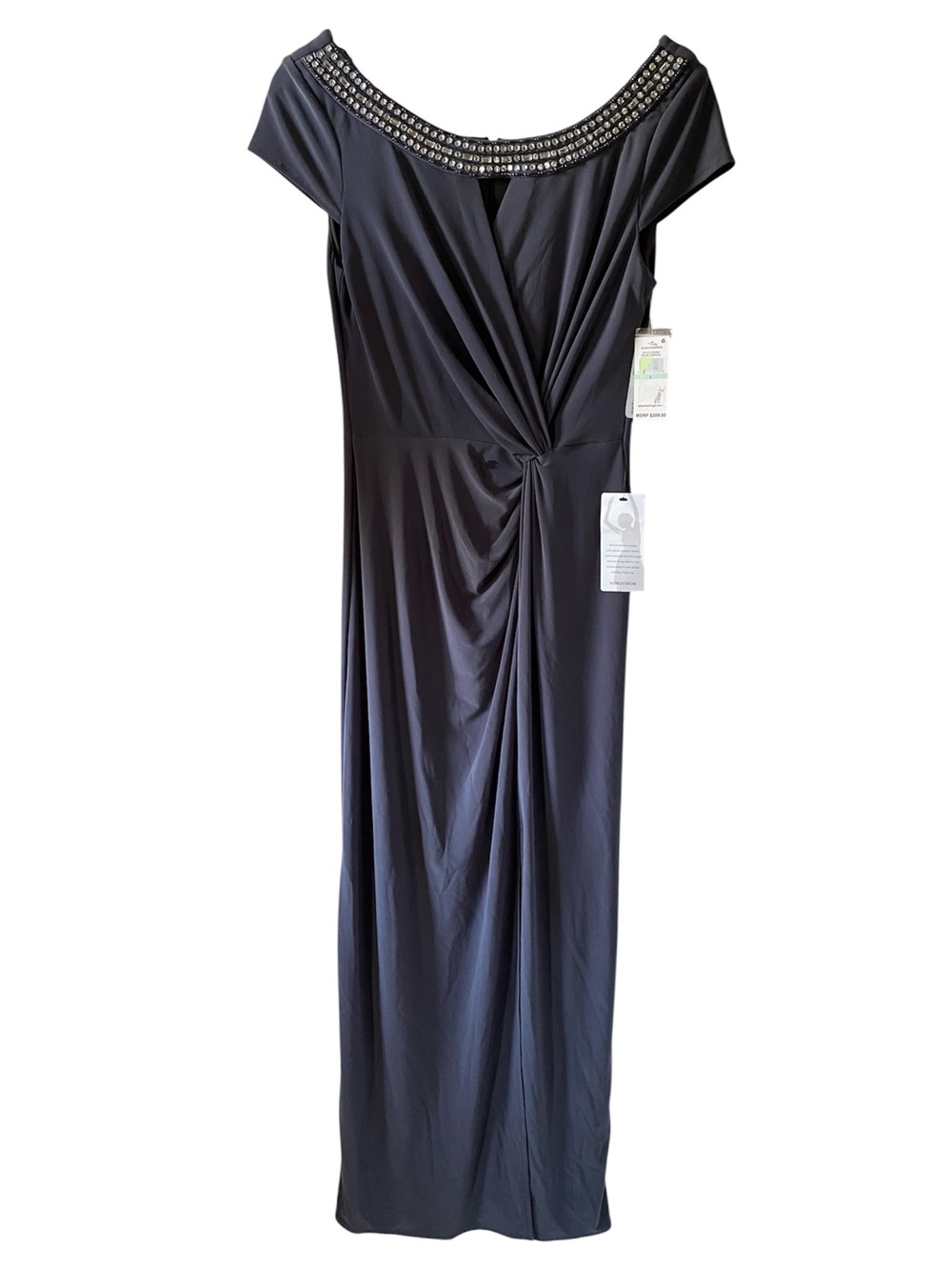 NWT Alex Evenings Navy Jeweled Neck Ruched Evening Gown Formal Dress SZ 8